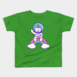 Cute Astronaut Unicorn Sitting On Rainbow Cartoon Kids T-Shirt